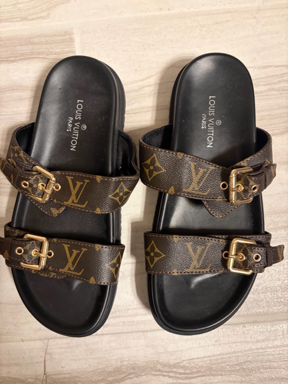 Brown Monogram Double-Buckle Slide Sandals 38